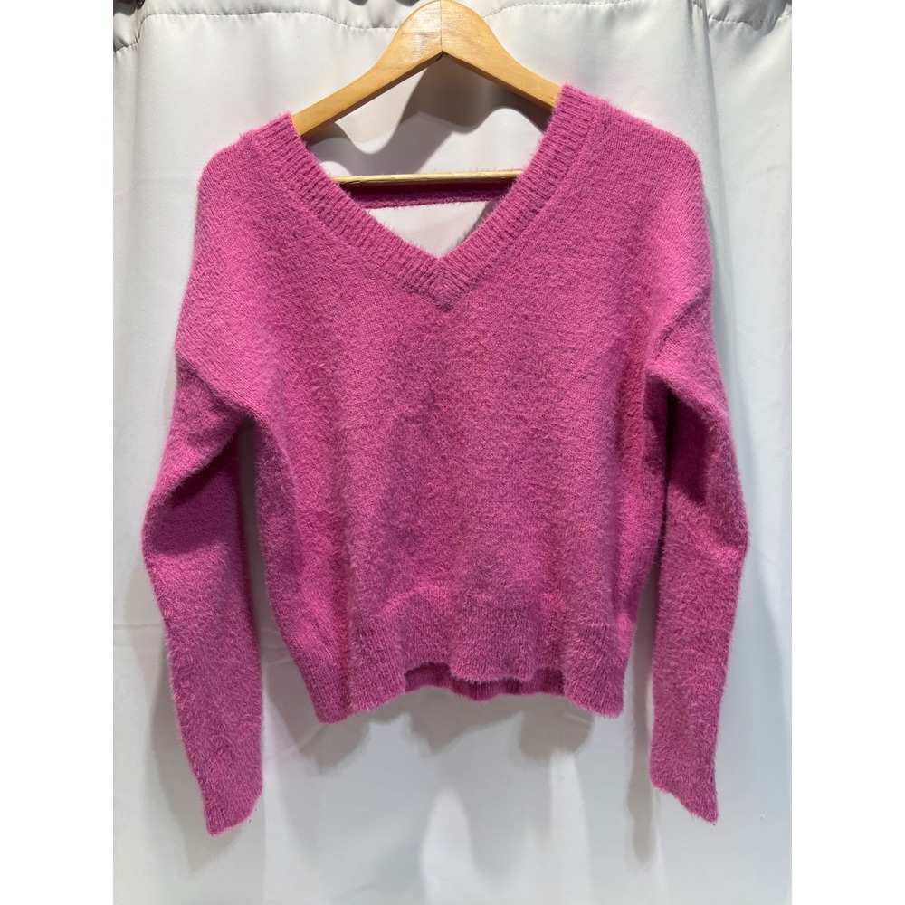 Jessica Simpson Sweater Women S Pink Eyelash Knit V-Neck Strappy Back Sleeve